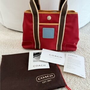 Coach purse: Burgundy, Brown, Cream w/ light blue leather accents